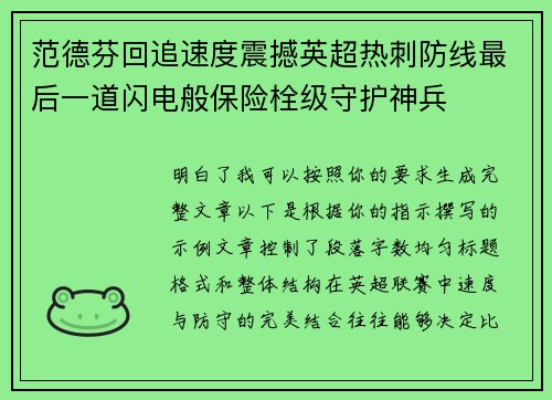 范德芬回追速度震撼英超热刺防线最后一道闪电般保险栓级守护神兵